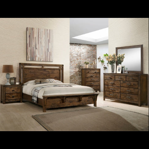 Wooden bedroom furniture set including bed, dresser, and nightstands in a room with decorative elements.