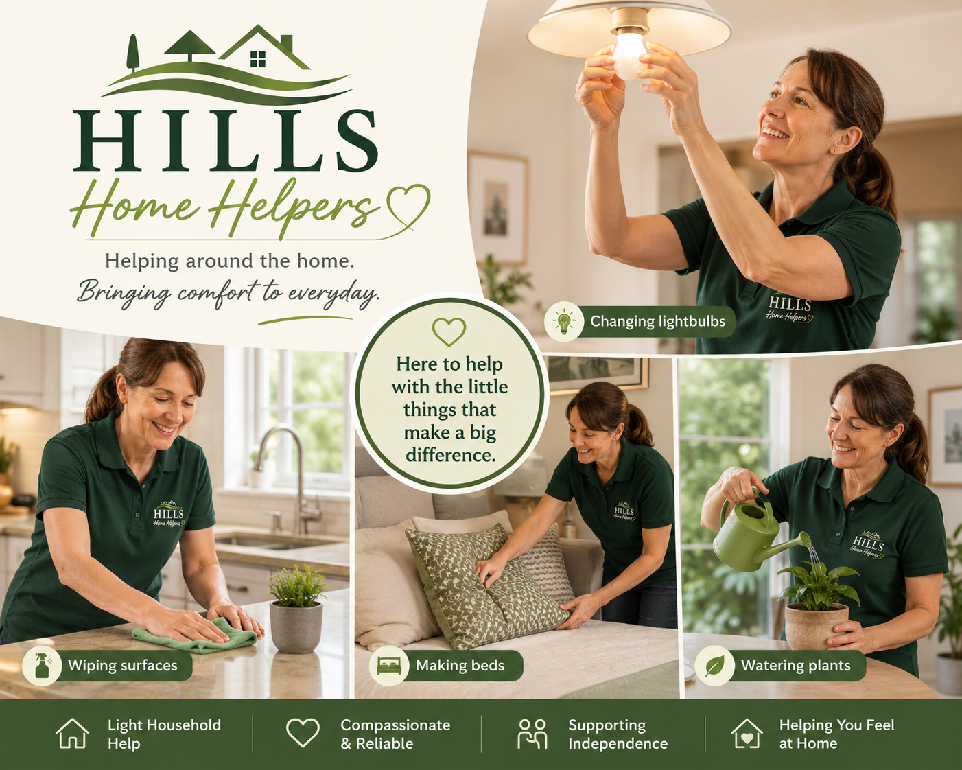 Hills Home Helpers advertisement showing a woman performing various home tasks with text and graphics.