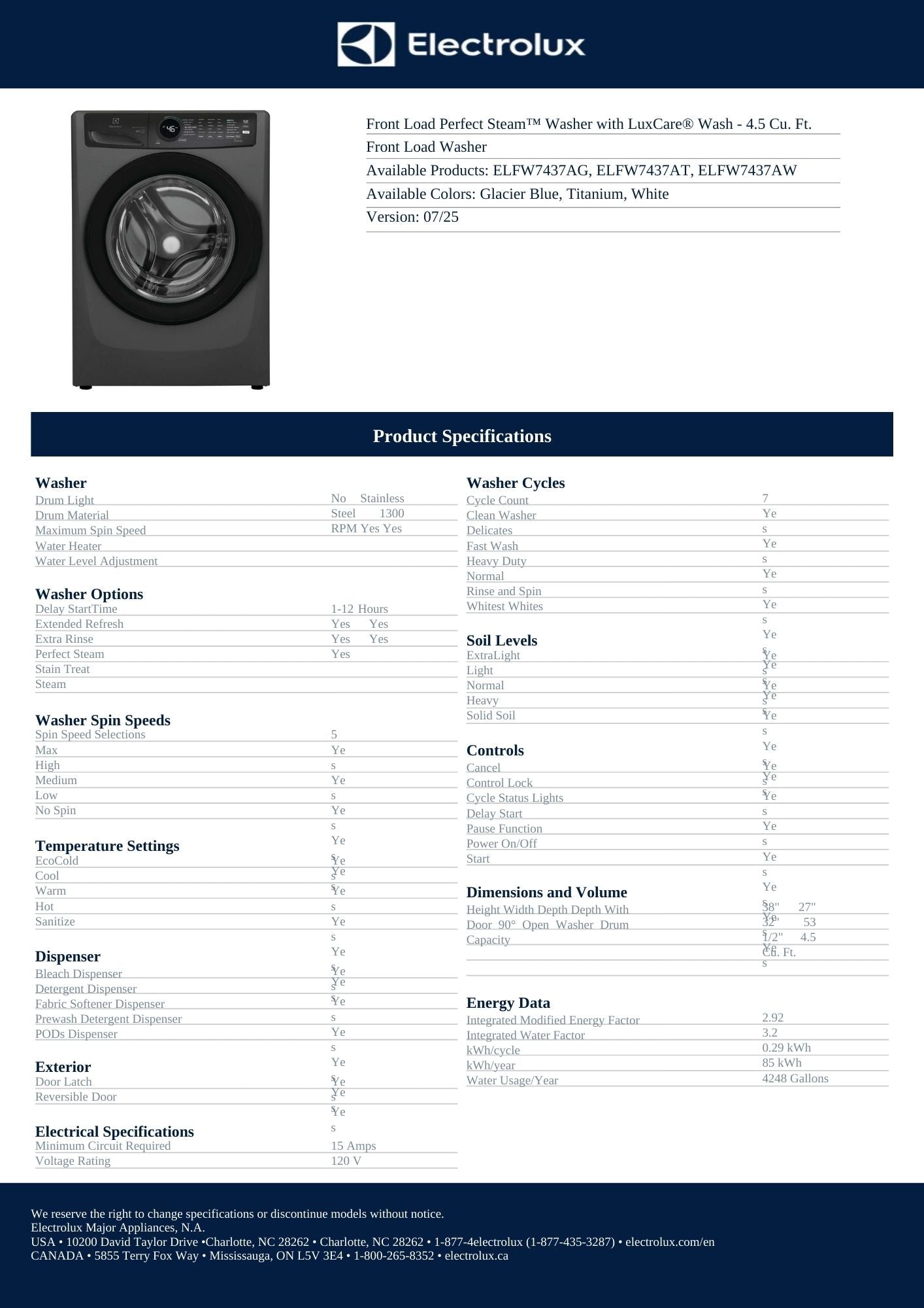Electrolux Front Load Washer - 4.5 Cu. Ft.  ELFW7437A Front Load Dryer 400 Series Electric Dryer - 8.0 Cu. Ft. 18