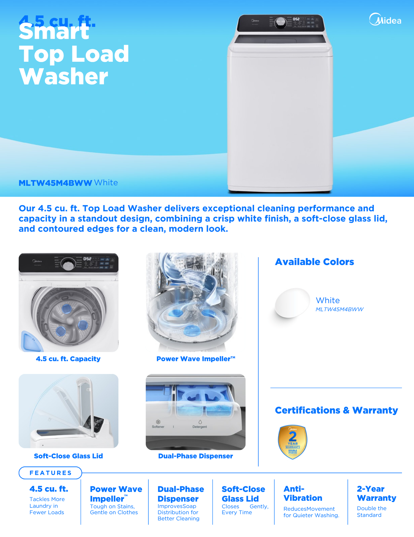 MLTW45M4BWW	MIDEA 4.4 Cubic Foot Top Load Washer White