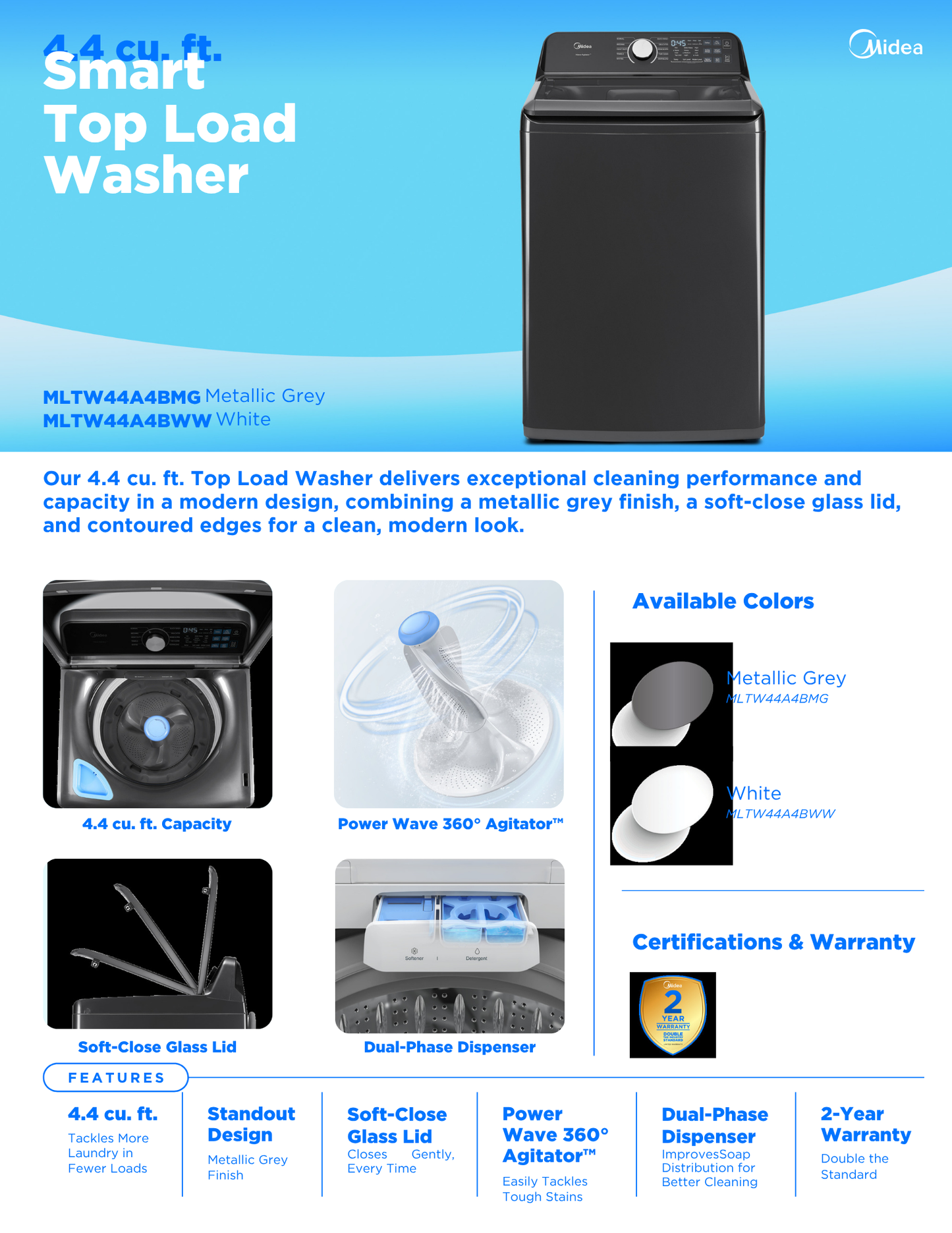 MLTW44A4BWW	MIDEA 4.4 Cubic Foot Top Load Washer White
