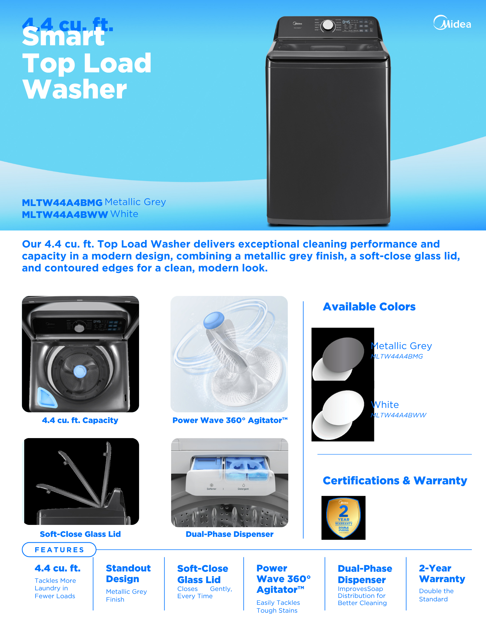 MLTW44A4BWW	MIDEA 4.4 Cubic Foot Top Load Washer White