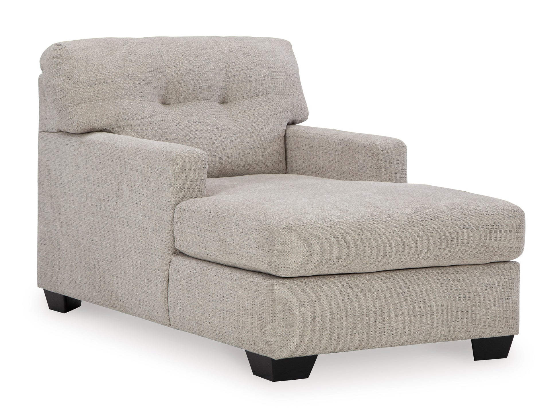 Gray upholstered chair with ottoman on a white background