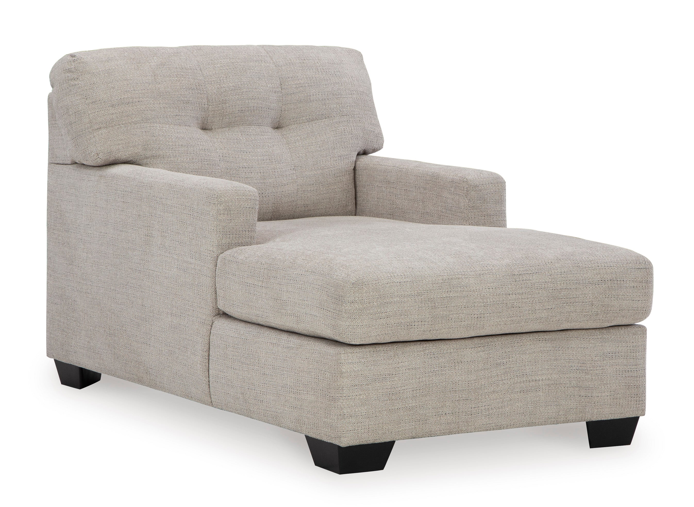 Gray upholstered chair with ottoman on a white background