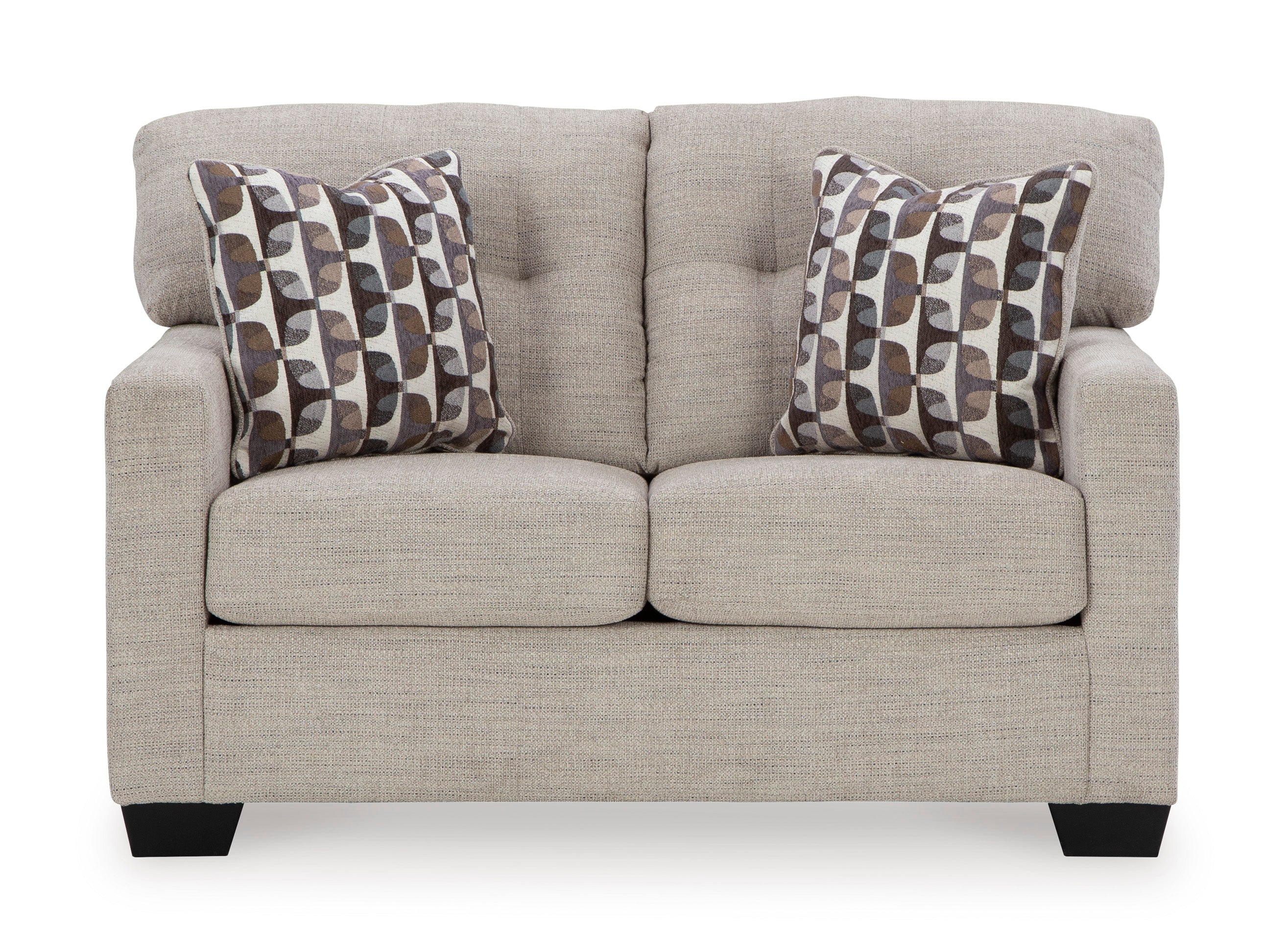 Gray sofa with patterned cushions on a white background