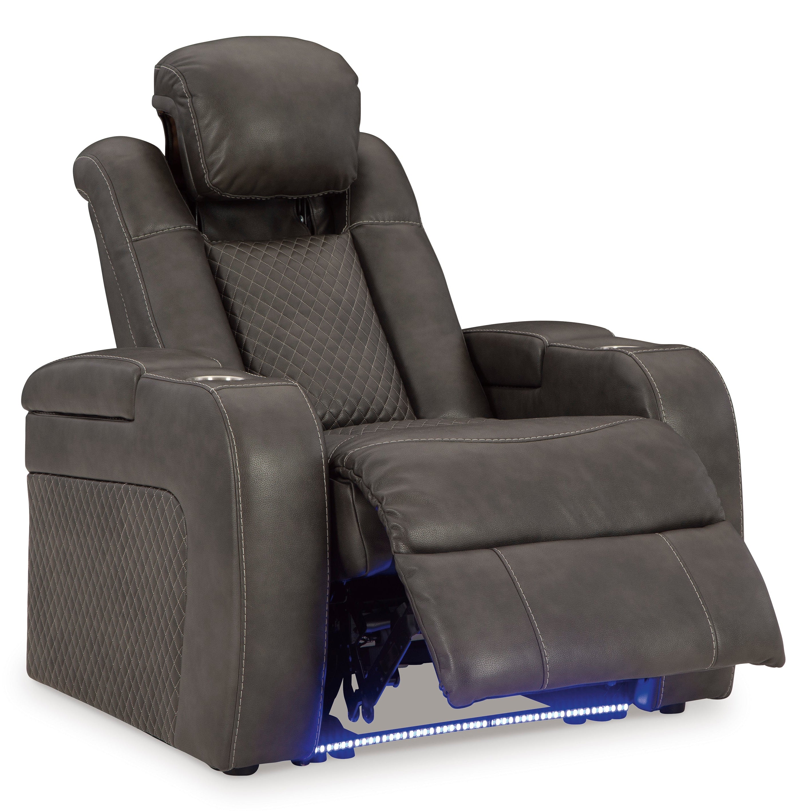 Gray recliner chair with blue LED lighting on a white background