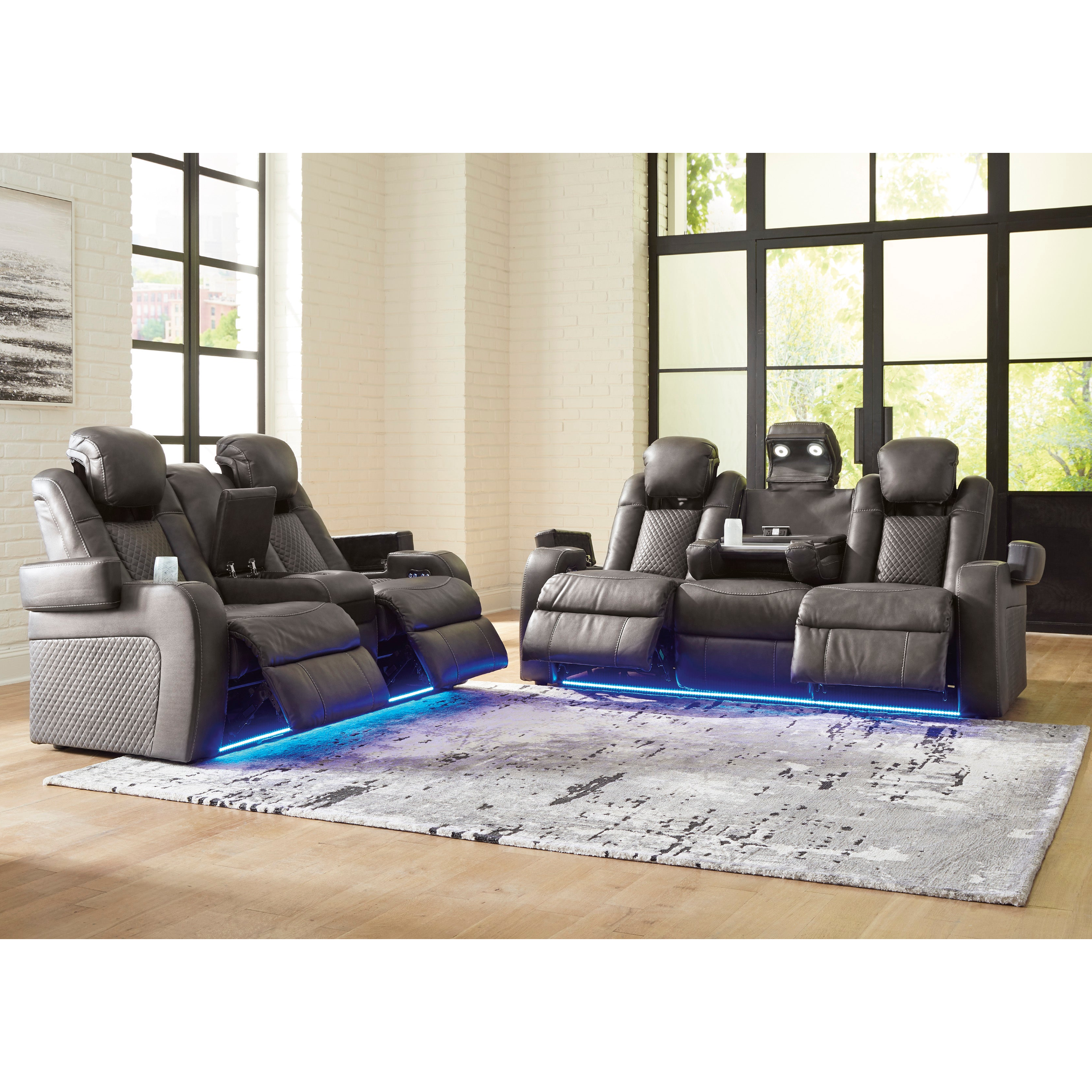 Gray recliner chairs with LED lighting in a modern living room.