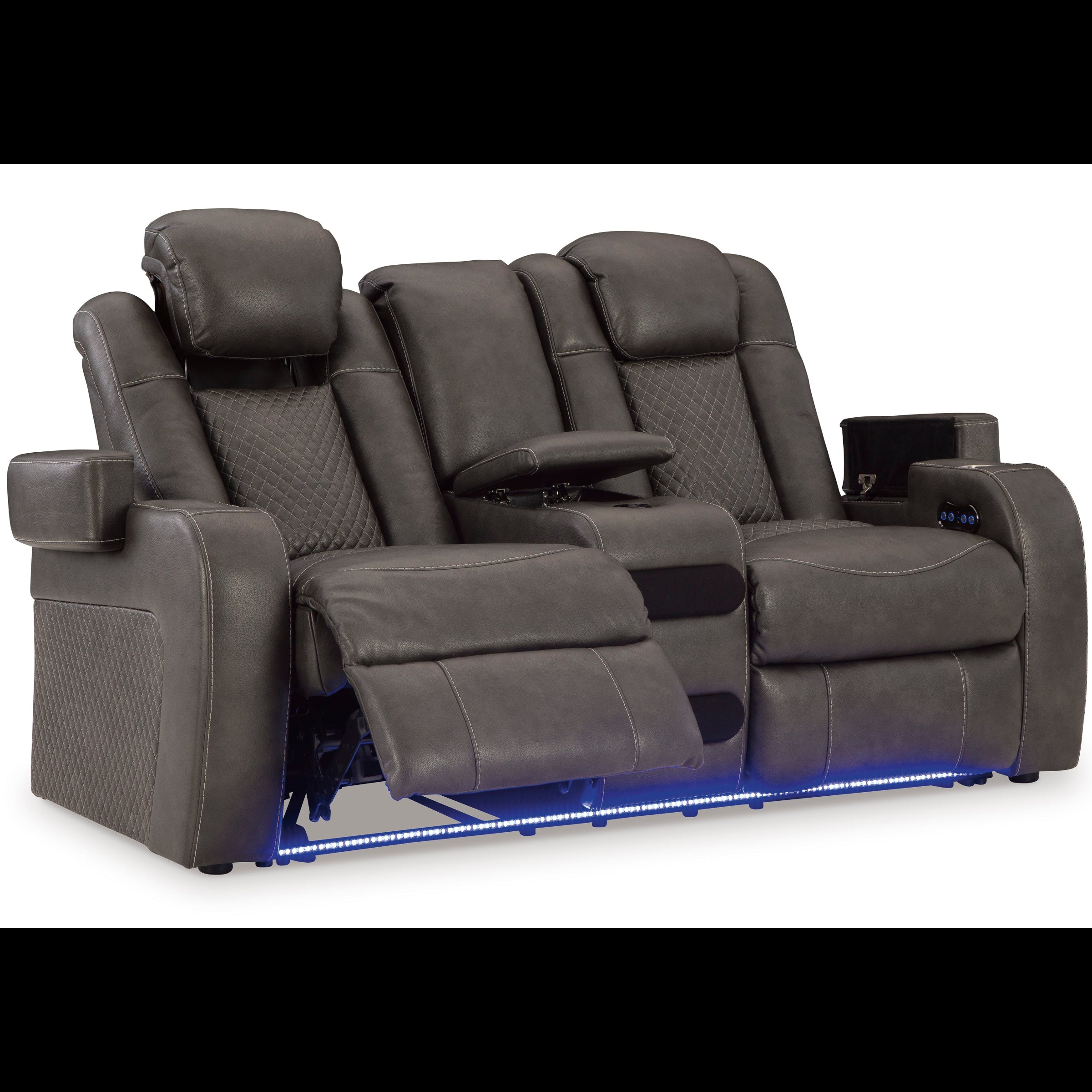 Gray recliner seat with cup holders and LED lighting on a white background