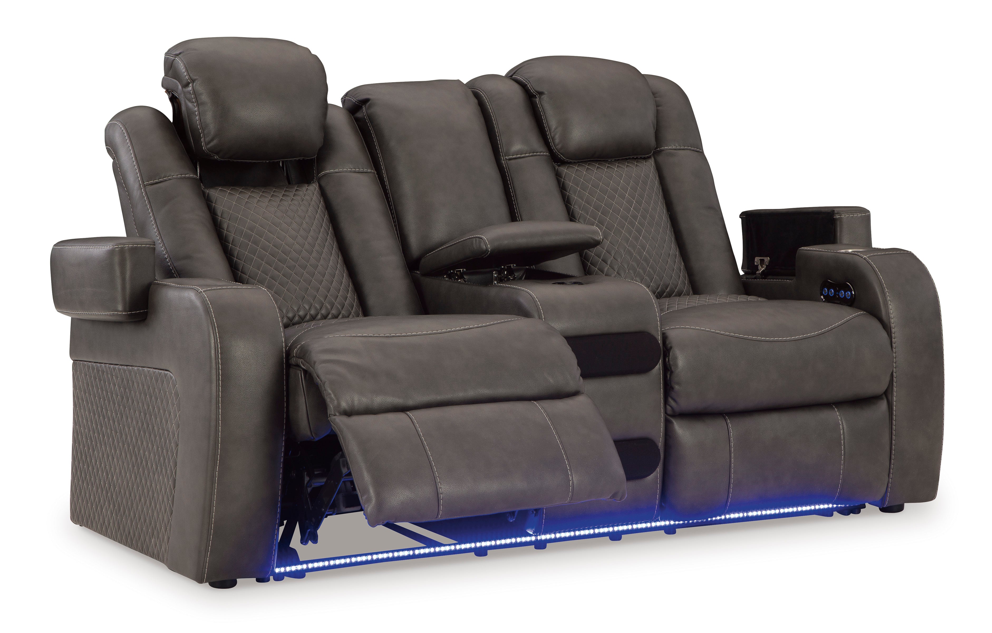 Gray recliner seat with cup holders and LED lighting on a white background