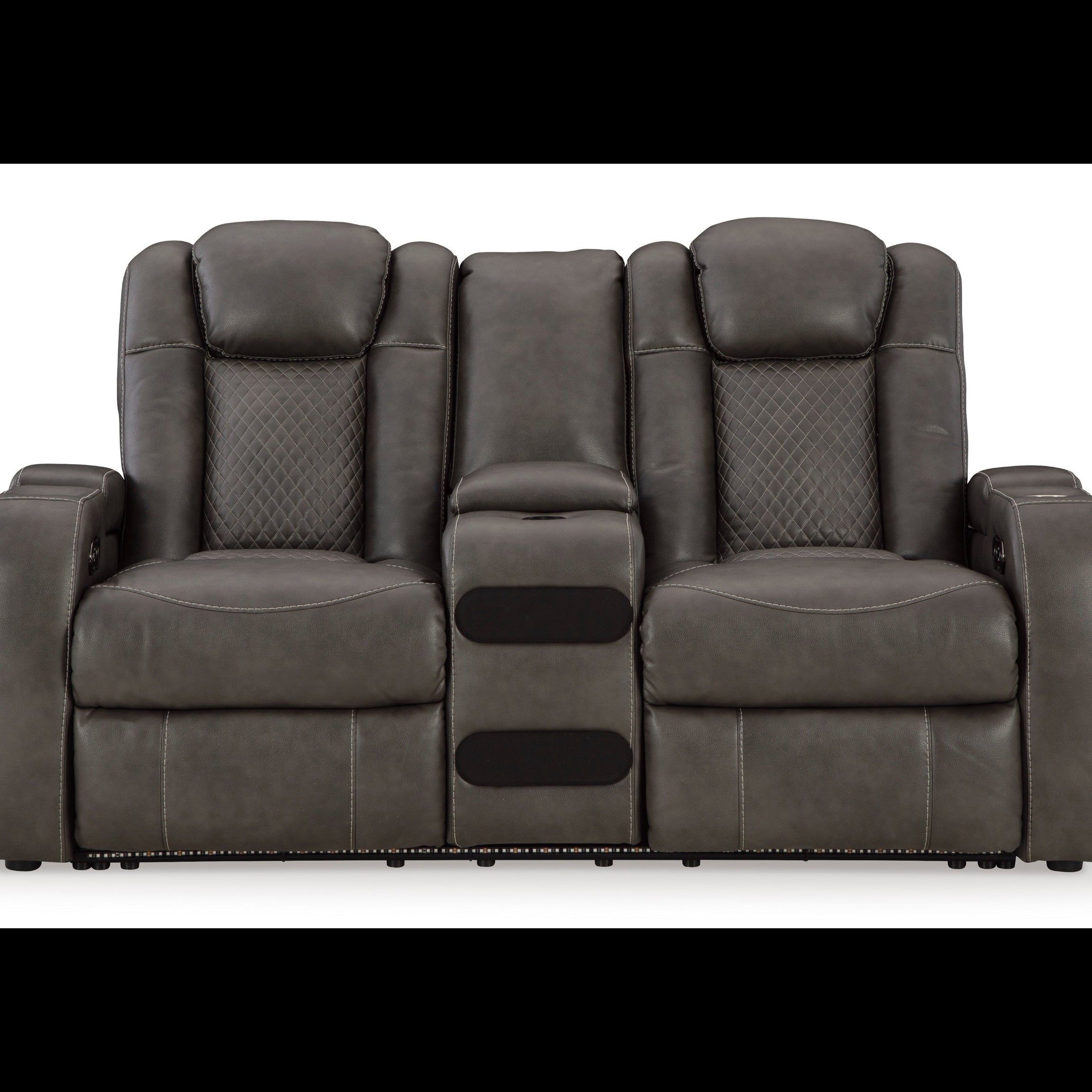 Gray leather recliner chair with quilted design on a white background