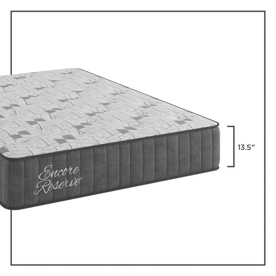 Gray mattress with 'Encore Reserve' branding and dimensions on a white background