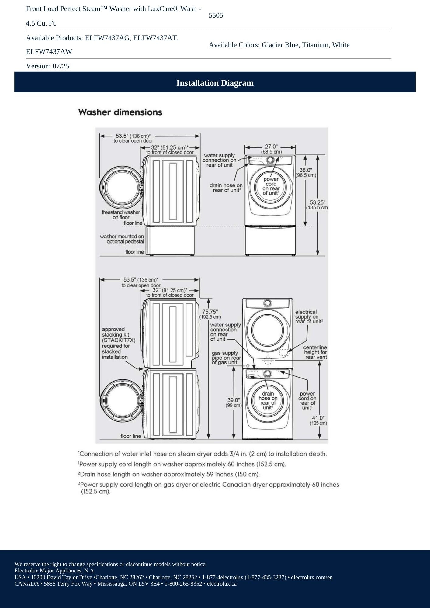Electrolux Front Load Washer - 4.5 Cu. Ft.  ELFW7437A Front Load Dryer 400 Series Electric Dryer - 8.0 Cu. Ft.