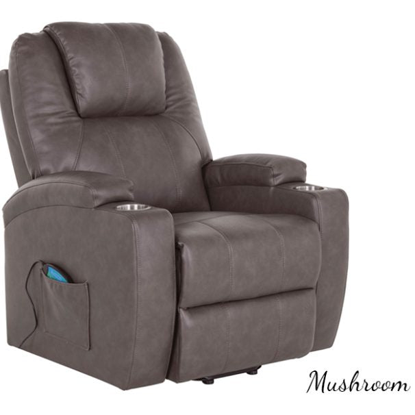 Two power recliner chairs shown side by side on a white background, labeled 'Mushroom' in gray and 'Gray' in black. Both are upholstered in faux leather and feature cup holders and side pockets.