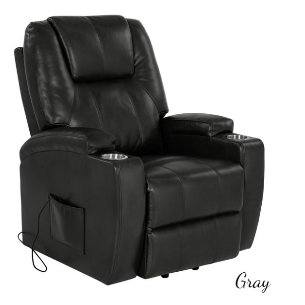 Two power recliner chairs shown side by side on a white background, labeled 'Mushroom' in gray and 'Gray' in black. Both are upholstered in faux leather and feature cup holders and side pockets.