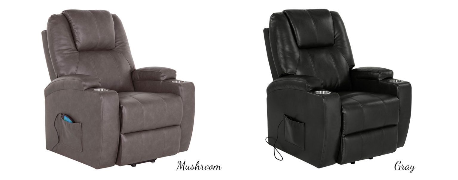 Two power recliner chairs shown side by side on a white background, labeled 'Mushroom' in gray and 'Gray' in black. Both are upholstered in faux leather and feature cup holders and side pockets.