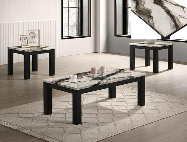 Modern living room with marble-patterned coffee table and side tables.