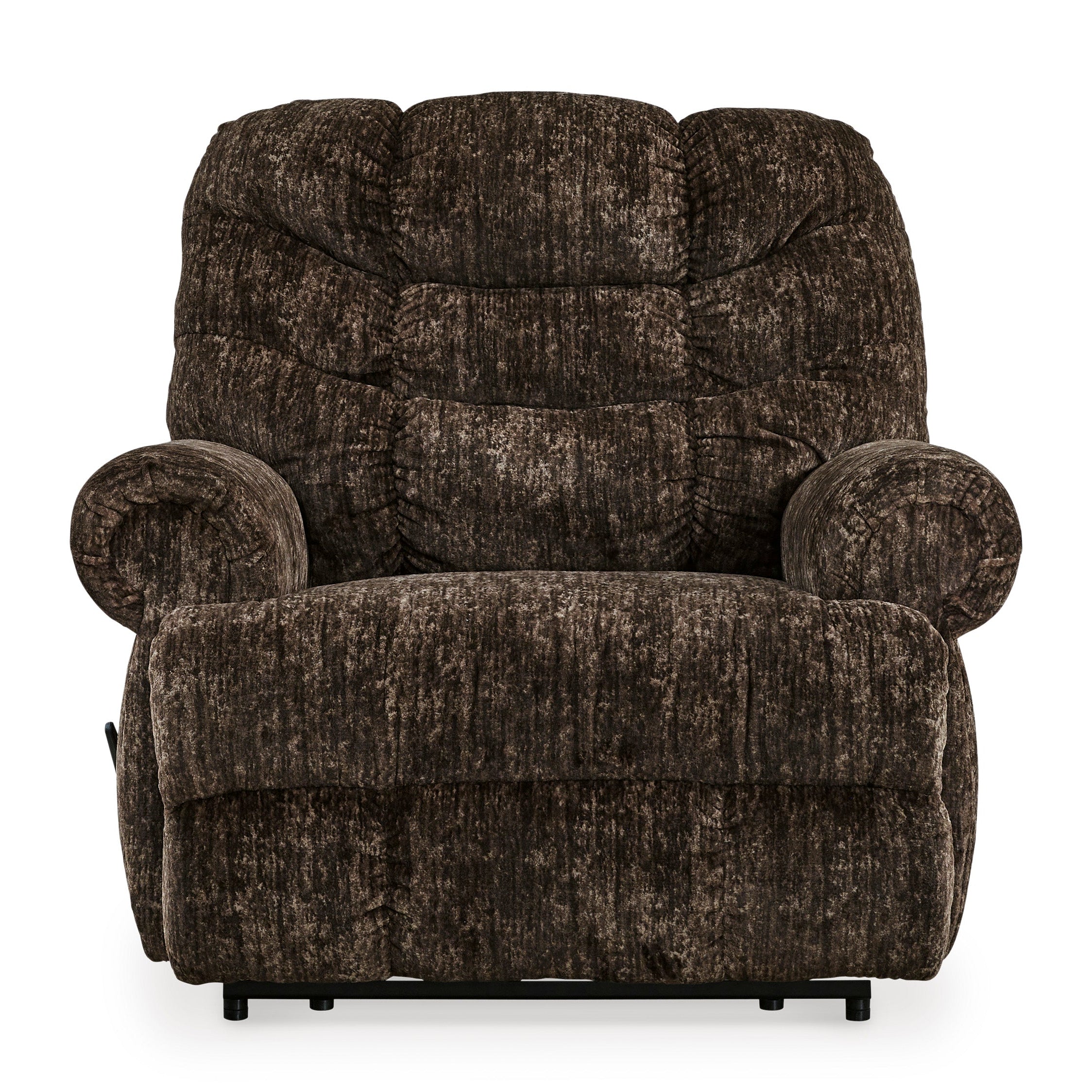 A plush upholstered recliner chair in a dark brown and black textured bouclé fabric, shown from the front against a plain white background.