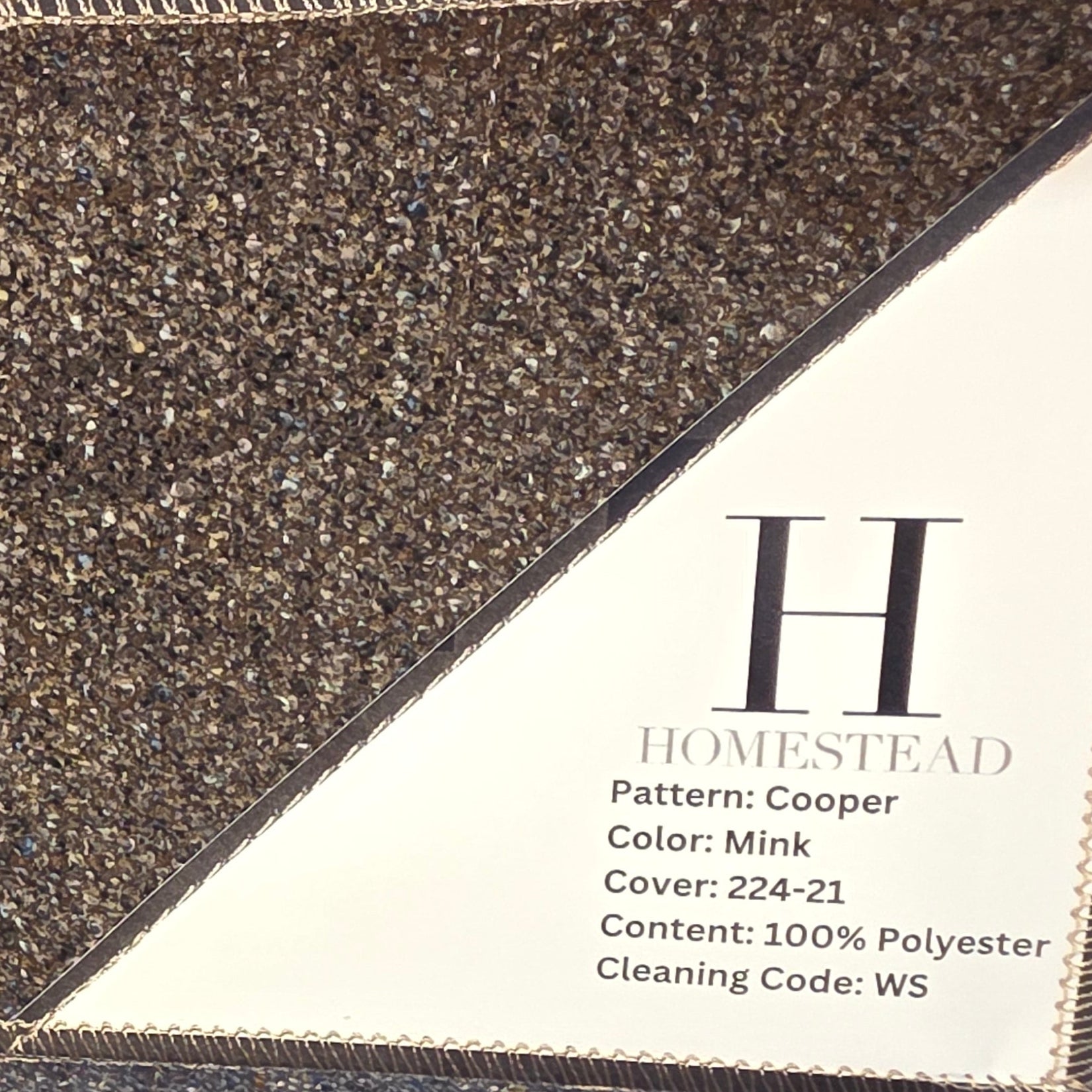 Three Homstead carpet samples stacked vertically, showing different colors and textures: a top beige sample, a middle copper-brown sample, and a bottom gray sample. Product labels are visible on the right side.