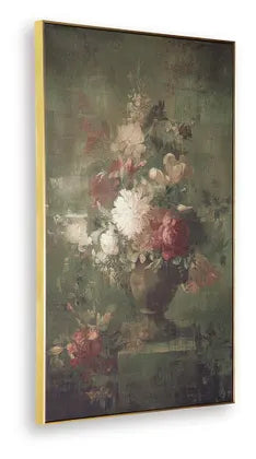 Vintage-style painting of a floral arrangement in a vase on a dark background.  hillsmattressmore.com Botanical beauty meets timeless elegance in this wall art. This printed canvas brings nature’s floral splendor indoors, creating a welcoming focal point wherever you hang it. Hand textured embellishments create dimensional interest and artisan appeal.

Printed gallery wrapped canvas
Goldtone frame
Hand textured embellishments
Sawtooth bracket for hanging
Vertical hanging only  gravesworth wall art