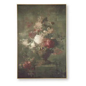 Vintage-style painting of a floral arrangement in a vase on a dark background.  hillsmattressmore.com Botanical beauty meets timeless elegance in this wall art. This printed canvas brings nature’s floral splendor indoors, creating a welcoming focal point wherever you hang it. Hand textured embellishments create dimensional interest and artisan appeal.

Printed gallery wrapped canvas
Goldtone frame
Hand textured embellishments
Sawtooth bracket for hanging
Vertical hanging only  gravesworth wall art