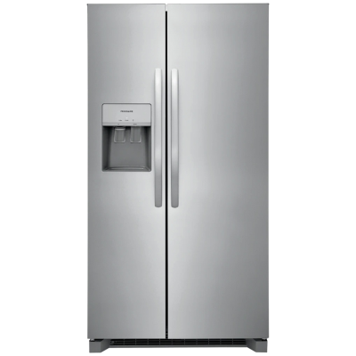 Stainless steel refrigerator with water and ice dispenser on a white background