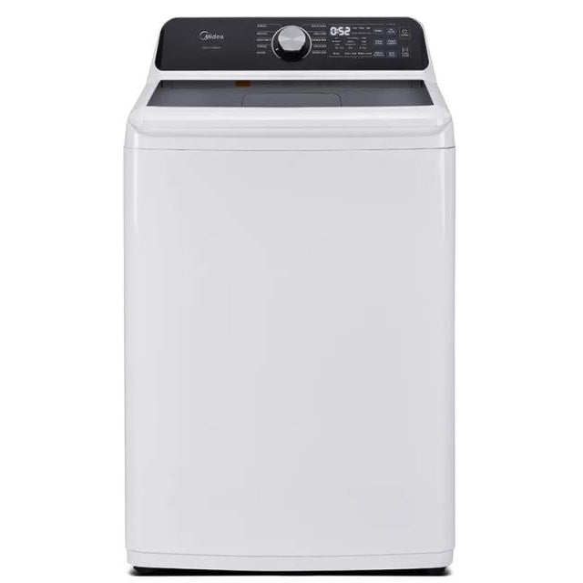 White washing machine with black top on a white background