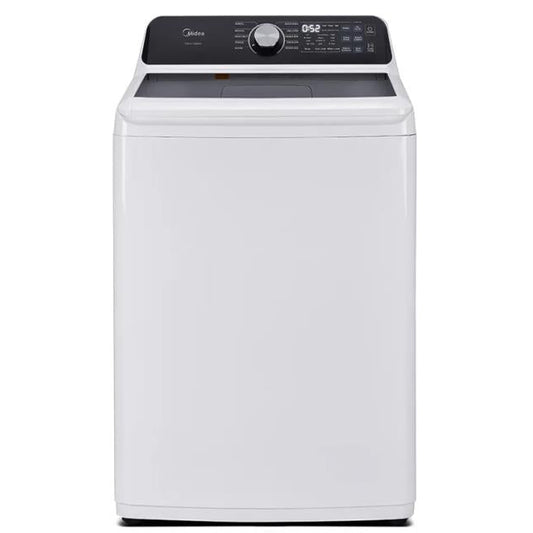 White washing machine with black top on a white background