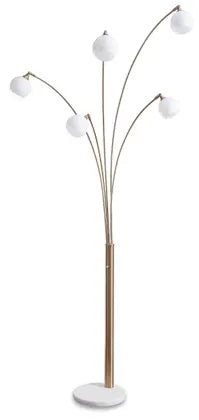 Modern floor lamp with multiple lights in a living room setting. Taliya Metal Arc Lamp hillsmattressmore.com