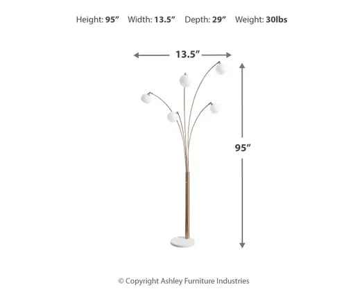 Modern floor lamp with multiple lights in a living room setting. Taliya Metal Arc Lamp hillsmattressmore.com