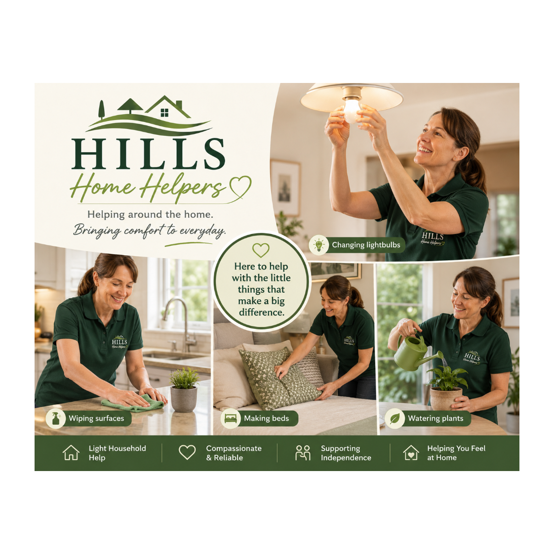 Hills Home Helpers advertisement showing a woman performing various home tasks with text and graphics.