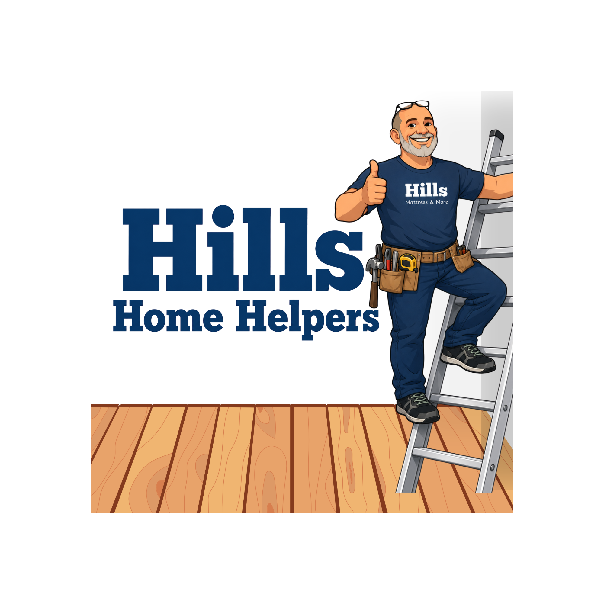 Illustration of a man on a ladder with 'Hills Home Helpers' branding.