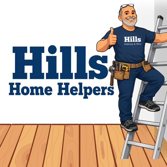 Illustration of a man on a ladder with 'Hills Home Helpers' branding.