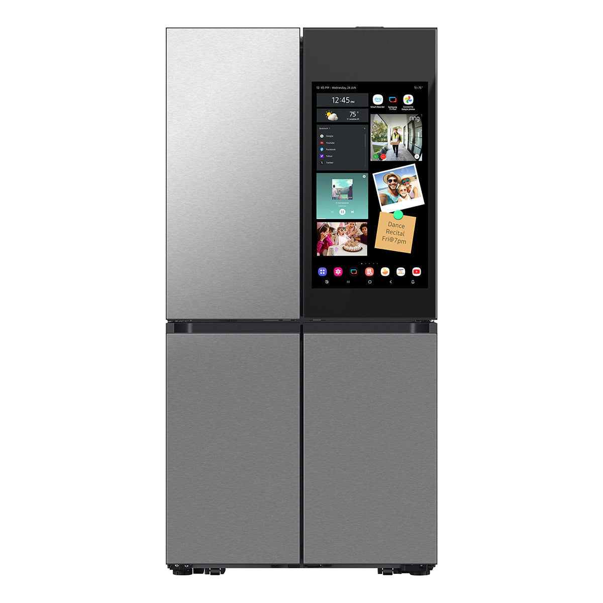 Smart refrigerator with a touchscreen display on a white background