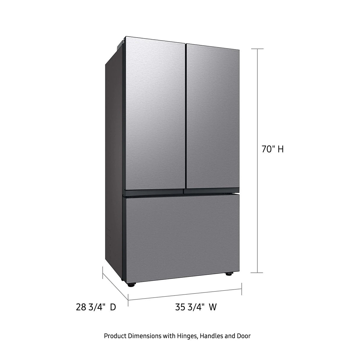 Measurement chart of a refrigerator with dimensions labeled on a white background